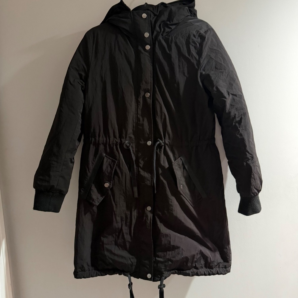 Andrew Marc Reversible Down Parka Women Medium Black Chevron Hooded Puffer Coat